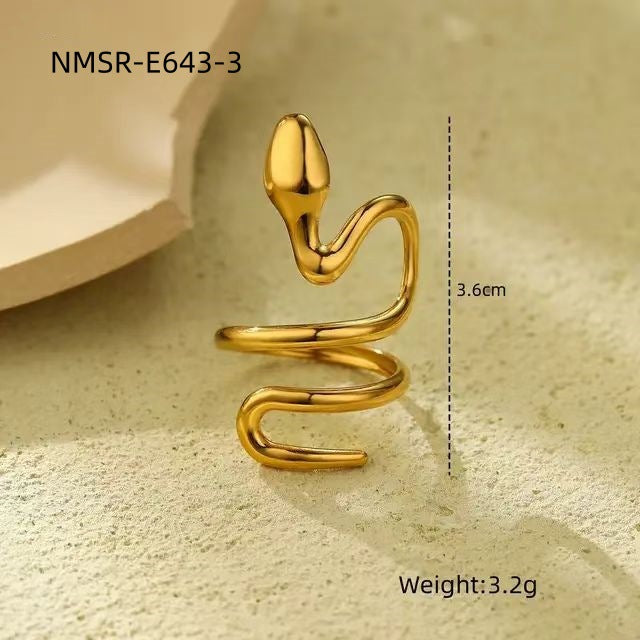 Anillo de acero inoxidable con forma de serpiente geométrica a la moda y acabado chapado para mujer