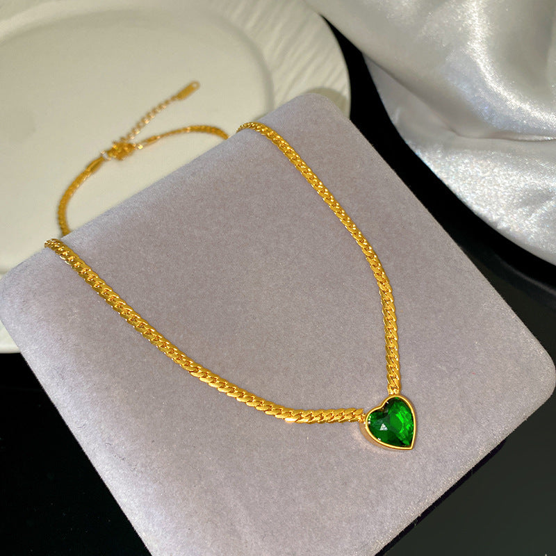 Luxury Heart Geometric Stainless Steel Plated Necklace with Green Gemstone for Women