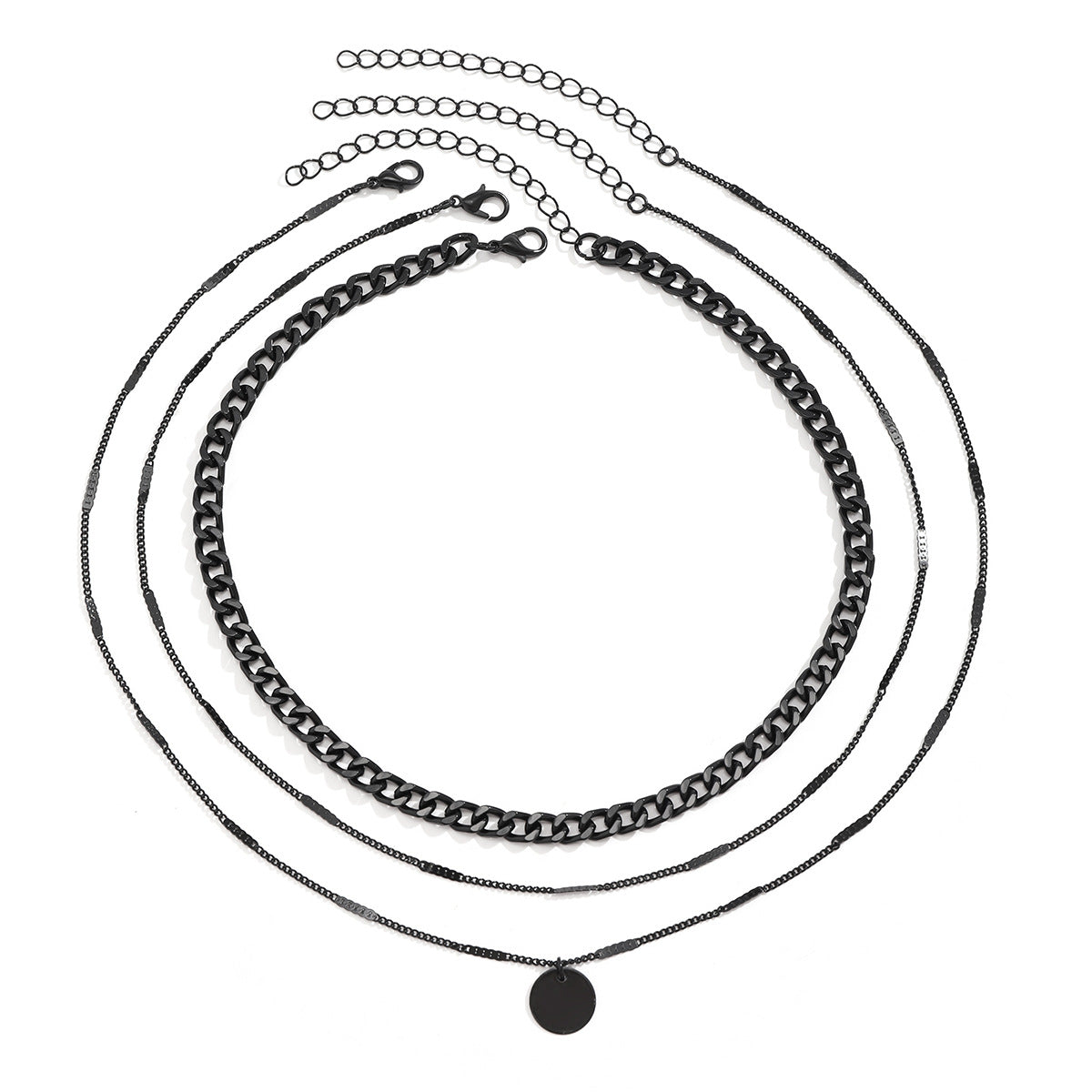 Minimalist Multi-Layer Curb Chain Necklace with Geometric Round Alloy Pendant for Women