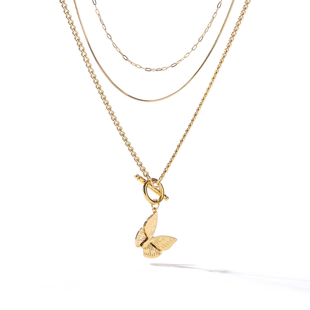 Multi-Layer Chain OT Clasp Butterfly Pendant Titanium Steel Necklace