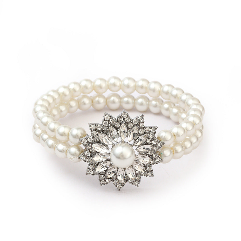 Minimalist Snowflake Pearl Necklace Set with Rhinestone Pendant, Plated Pearl Bracelet and Earrings for Women
