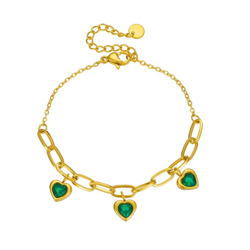 Vintage-Style Heart-Shaped Gold-Plated Titanium Steel Bracelet with Colorful Gemstone Accent
