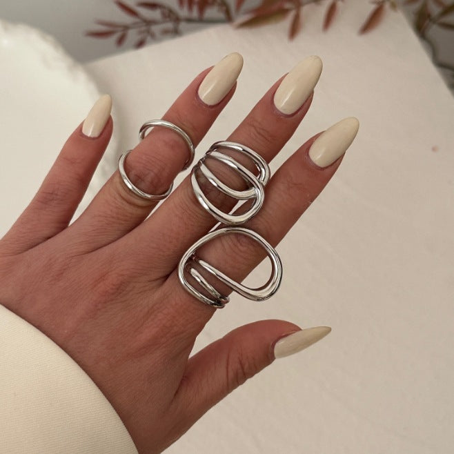 Geometric Round Hollow Out Plated Zinc Alloy Ring for Women
