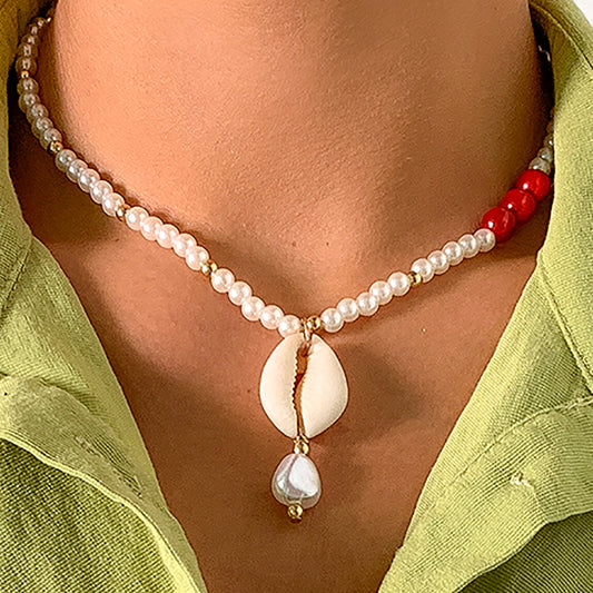 Collar bohemio étnico con colgante de concha y abalorios en capas con borla de resina y plástico con diseño geométrico para mujer