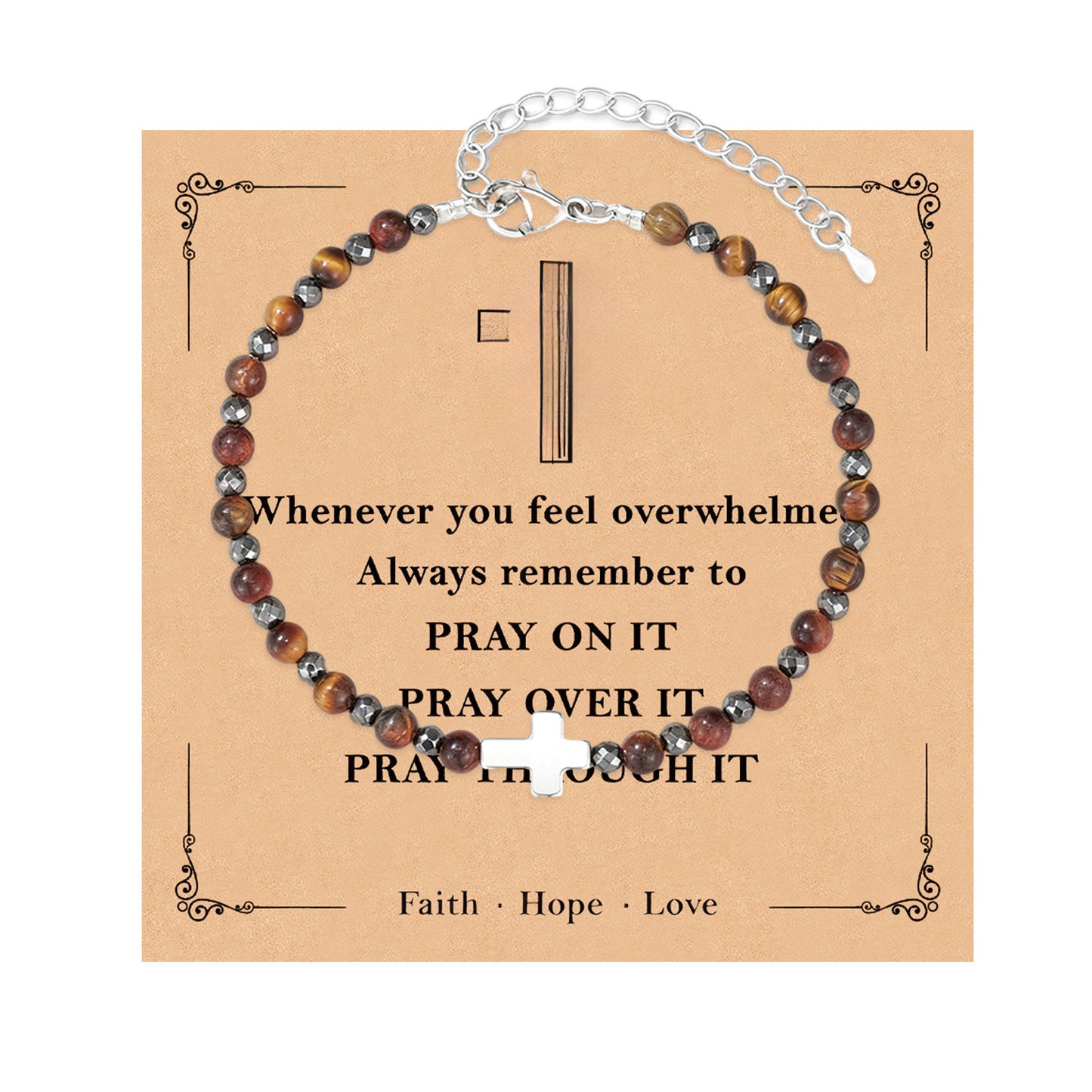 Minimalist 6mm Tiger Eye Cross Bracelet Polished Adjustable Magnetic Clasp