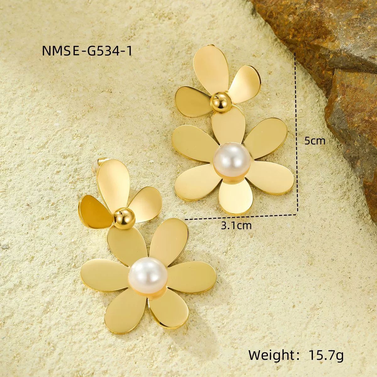 Elegantes Pendientes de Perlas de Acero Inoxidable con Forma Geométrica y Baño de Oro para Mujer