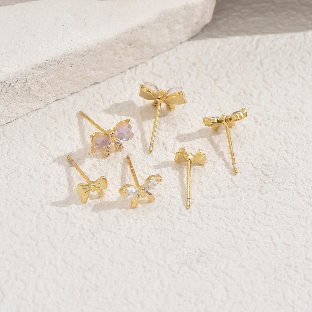 Chic Bow-Knot Shaped Zirconia Inlaid Copper Earrings Set for Women with Geometric Design and Fresh Sweet Style