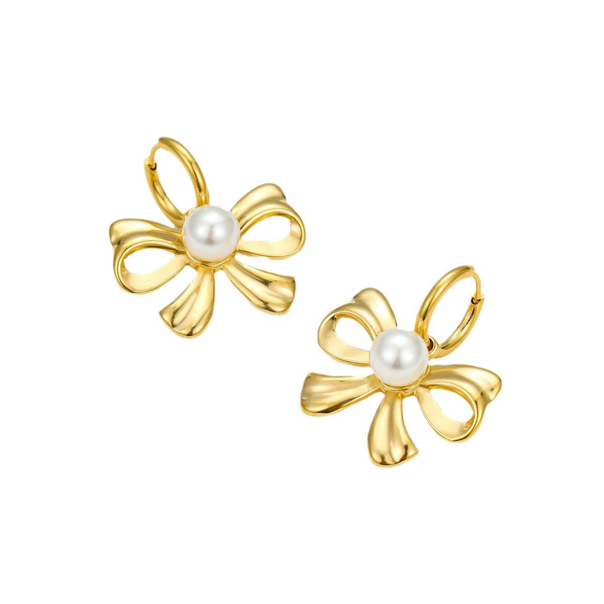 Pendientes de acero inoxidable de moda con forma de lazo, chapados en oro de 18 quilates y detalles de perlas para mujer