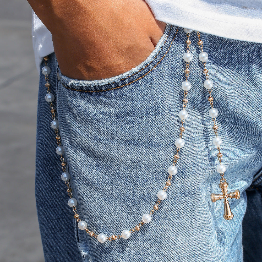 Punk Hip-hop Cross Pearl Rhinestone Polished Zinc Alloy Waist Chain for Men and Women