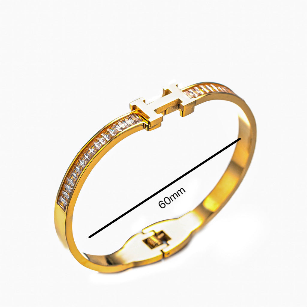 Fashion 18K Gold Plated Titanium Steel H Letter Rhinestone Spring Cuff Bracelet
