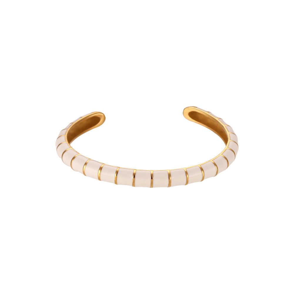 Minimalist Geometric Caterpillar-Shaped Stainless Steel Plated 18K Gold Enamel Open Bangle Bracelet for Women