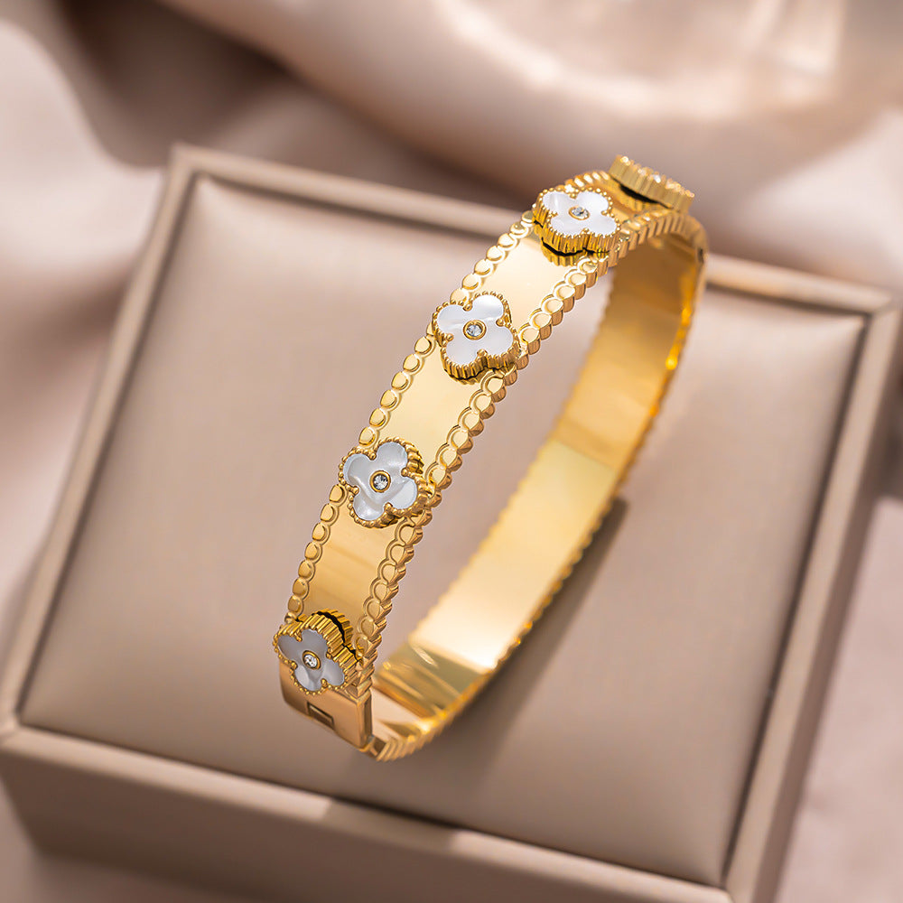 Bracciale Minimalista in Acciaio Inossidabile da Donna con Placcatura in Acciaio al Titanio e Intarsio di Strass a Forma Geometrica Ovale