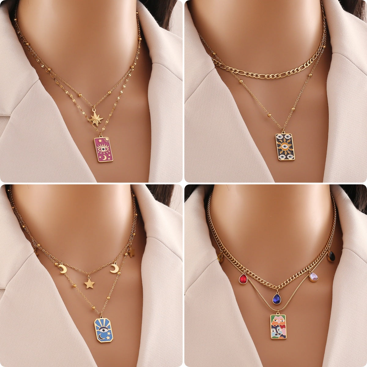 Minimalist Star and Moon Necklace with Enamel Eyes, Stainless Steel Double Layer O-Chain for Women