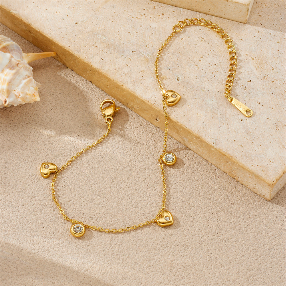 Minimalist Elegant Round Heart Rhinestone Inlay Gold Plated Stainless Steel Bracelet for Women