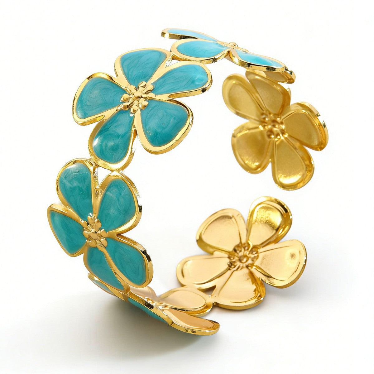 Bracciale a Polsino Aperto in Acciaio Inossidabile con Fiore a Cinque Petali, Motivo Floreale Casual