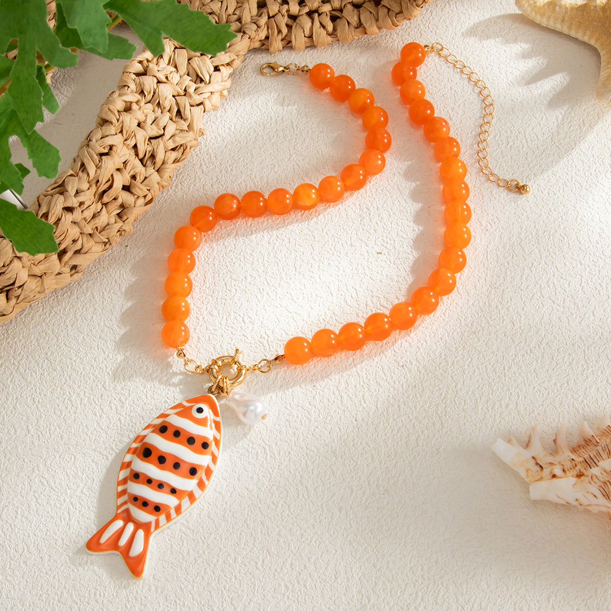 Sweet Casual Acrylic Fish Pendant Necklace Colorful Beaded Chain Women's Jewelry