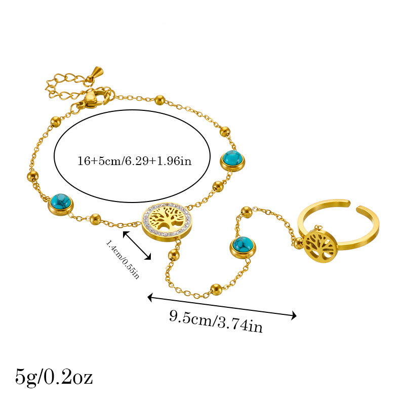 Bracciale di Tendenza Blu Turchese in Stile Vintage con Albero della Vita e Catena in Acciaio Inox Placcato Oro