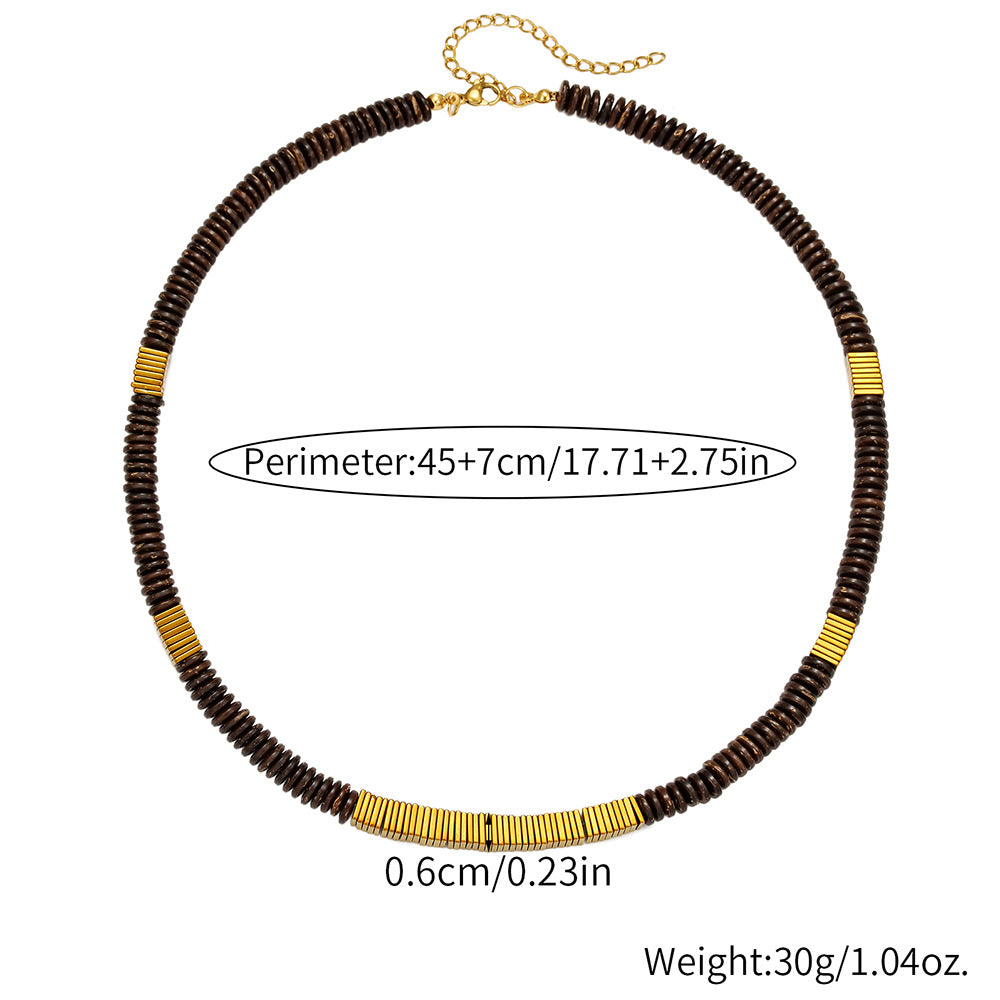 Sweet Punk Geometric Handmade Hematite Agate Coconut Shell Stone Beaded Necklace Cable Chain Unisex