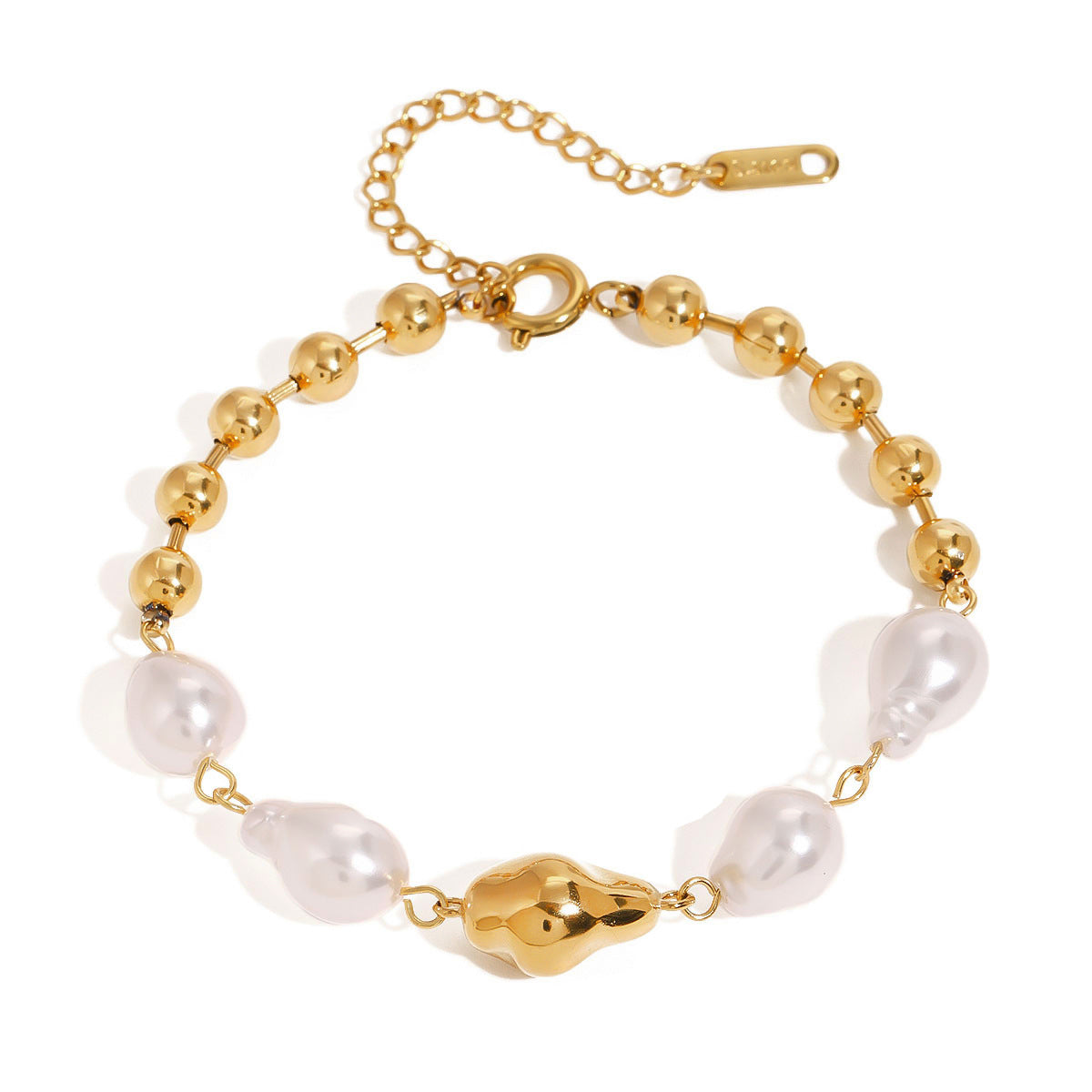 Bracciale geometrico placcato in acciaio inossidabile da donna con dettagli in perle barocche, design minimalista e alla moda