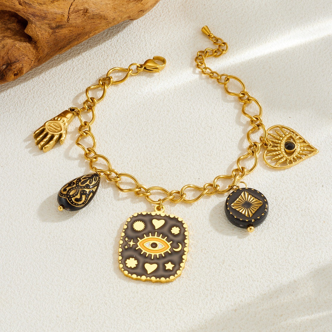 Vintage Gold Plated Heart Geometric Evil Eye Carved Hollow Pendant Bracelet for Women