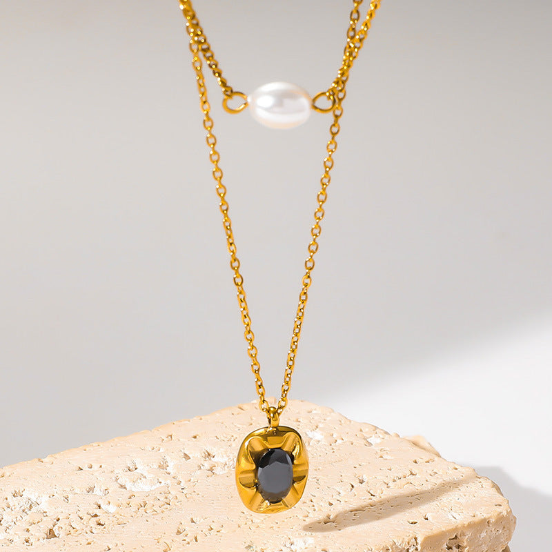 Vintage Elegant Oval Geometric Pearl Gemstone Inlay Stainless Steel Double Layer Necklace