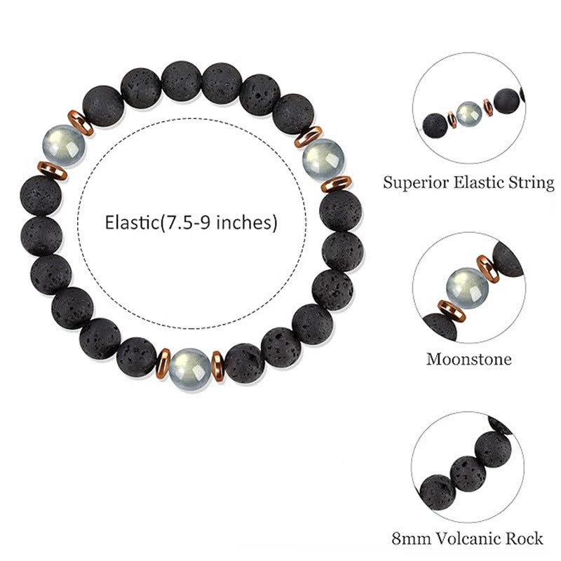 8mm Natural Volcanic Lava Stone and Moonstone Beaded Bracelet Unisex Geometric Round Handmade Jewelry Gift