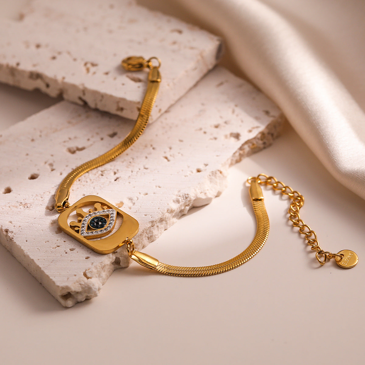 Vintage Geometric Titanium Steel Bracelet for Women with Zircon Evil Eye Design and Plated Finish