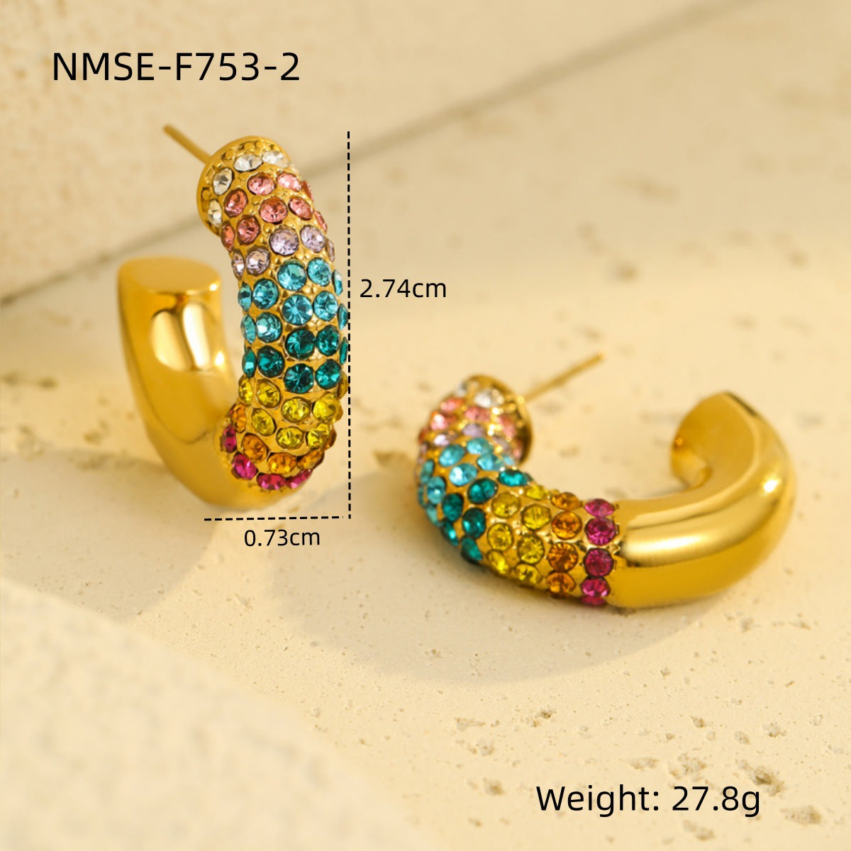 Pendientes de acero inoxidable en forma de C, estilo oficina a la moda, con incrustaciones de circonita de colores y chapado en oro de 18 quilates para mujer