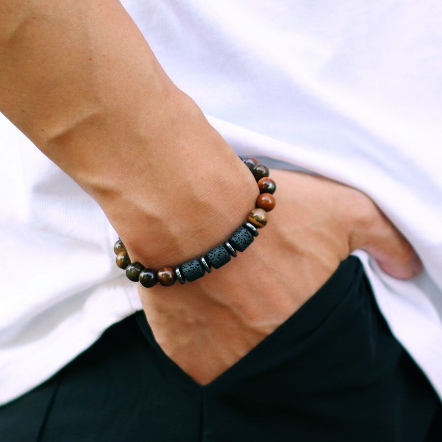 Minimalist Geometric Natural Tiger's Eye Hematite Beaded Bracelet Unisex Healing Stone Jewelry Gift for Him