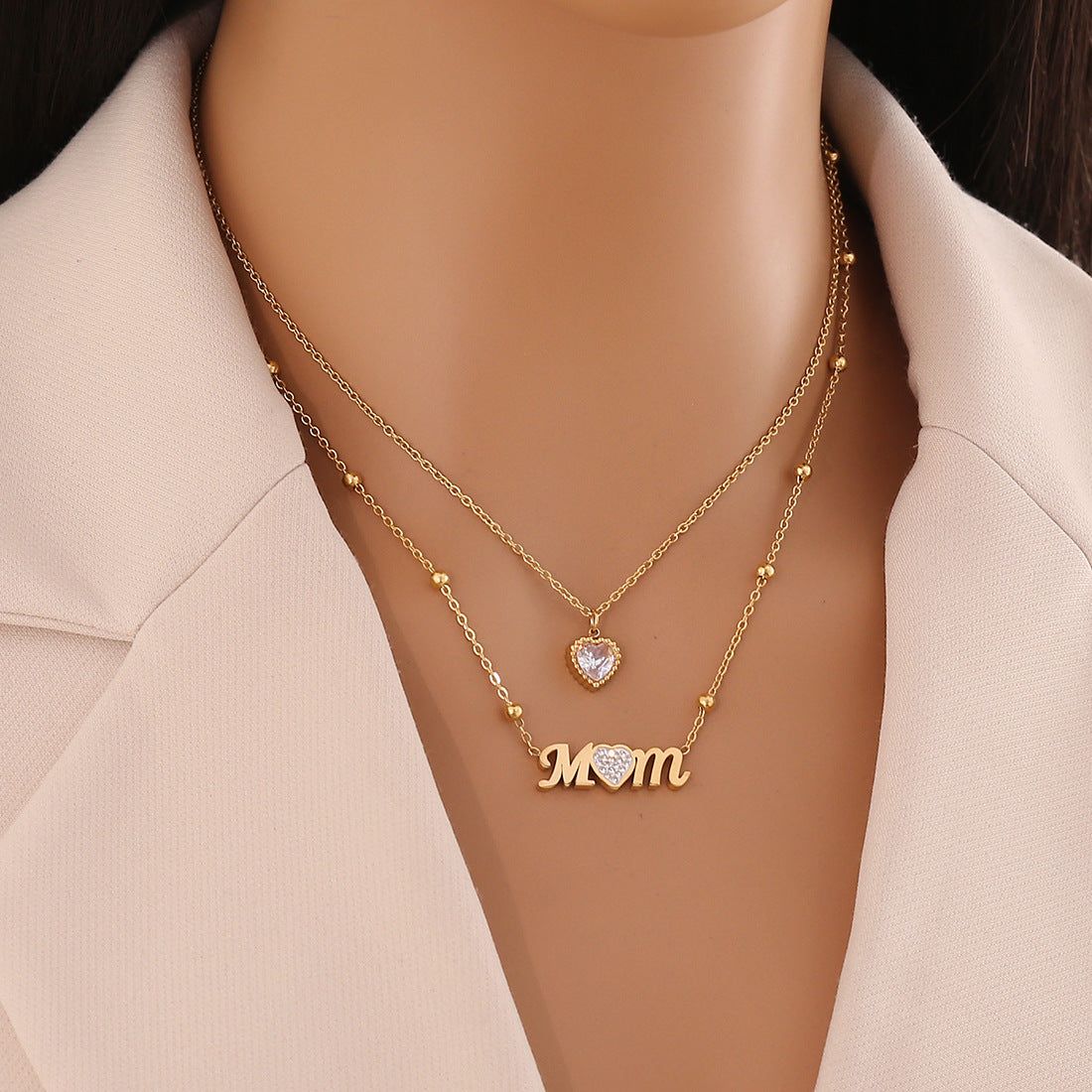 Fashionable Heart-Shaped Stainless Steel Double-Layer Pendant Necklace with Tassel and Plated Finish for Women
