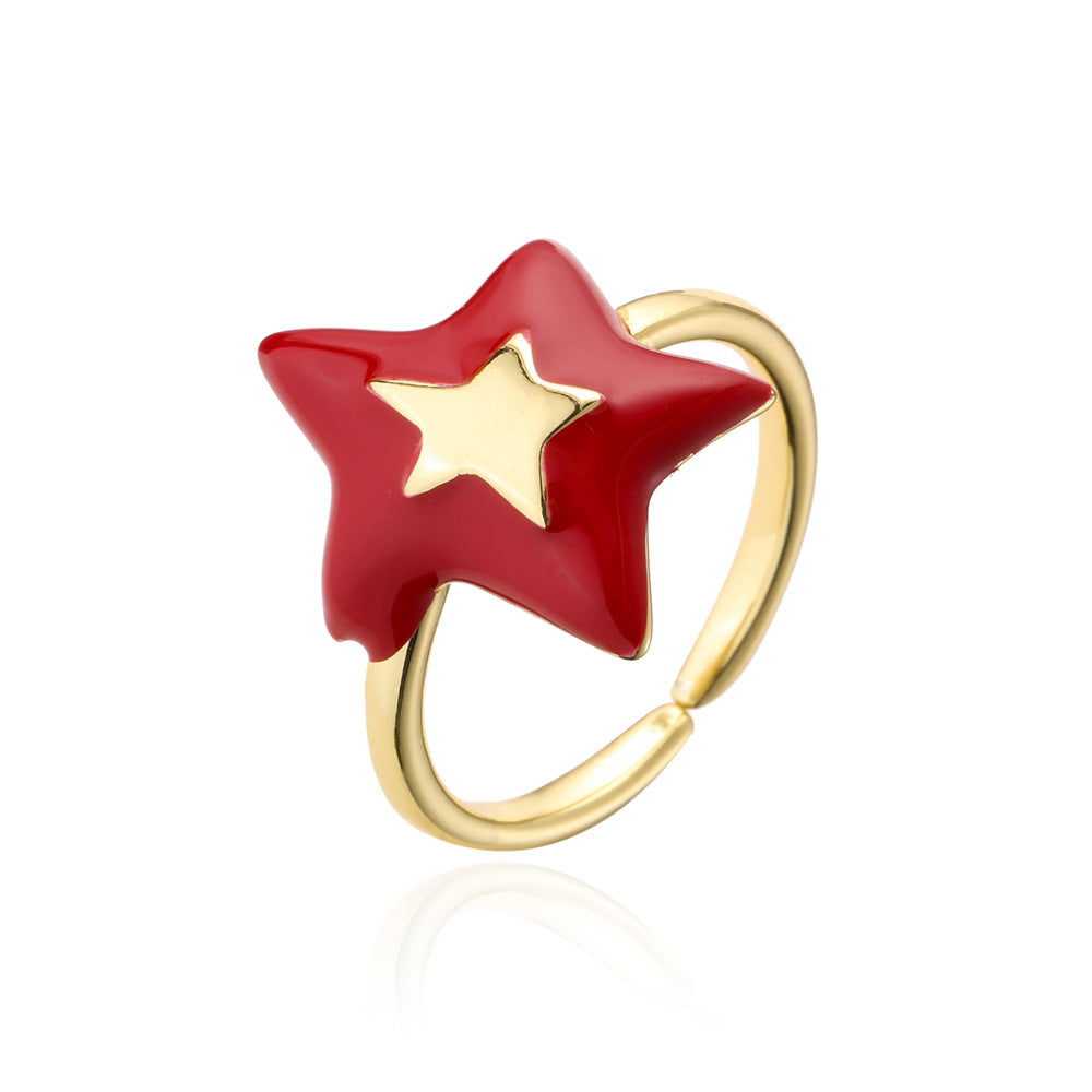 Minimalist Irregular Five-Pointed Star Open Ring for Women in Copper with 18K Gold Plating and Enamel Finish