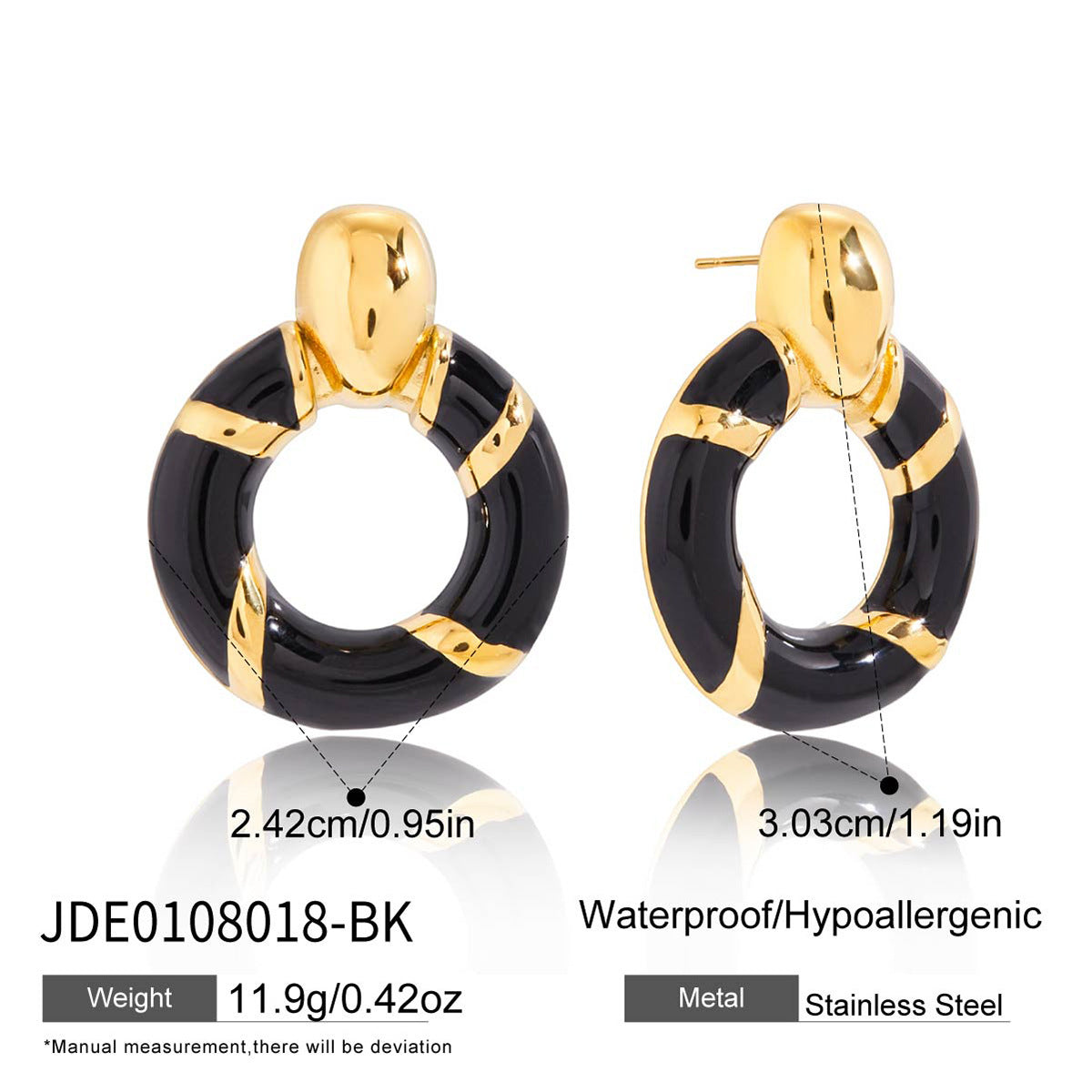Orecchini a perno geometrici minimalistici in agata nera in acciaio inossidabile con placcatura in oro PVD sottovuoto per donna