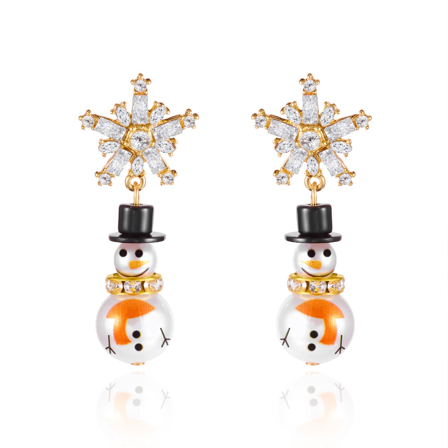 Pendientes de perlas con forma de copo de nieve estilo navideño con detalles de diamantes de imitación en aleación con acabado chapado para mujer