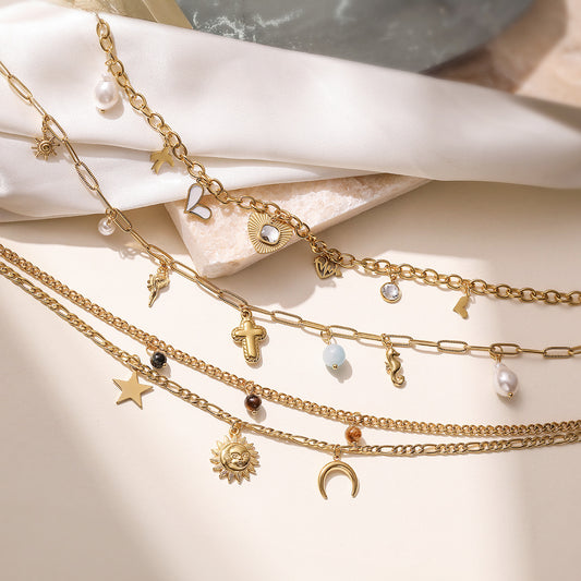Collana pendente a croce con sole geometrico minimalista da donna in acciaio inossidabile placcato oro 18K