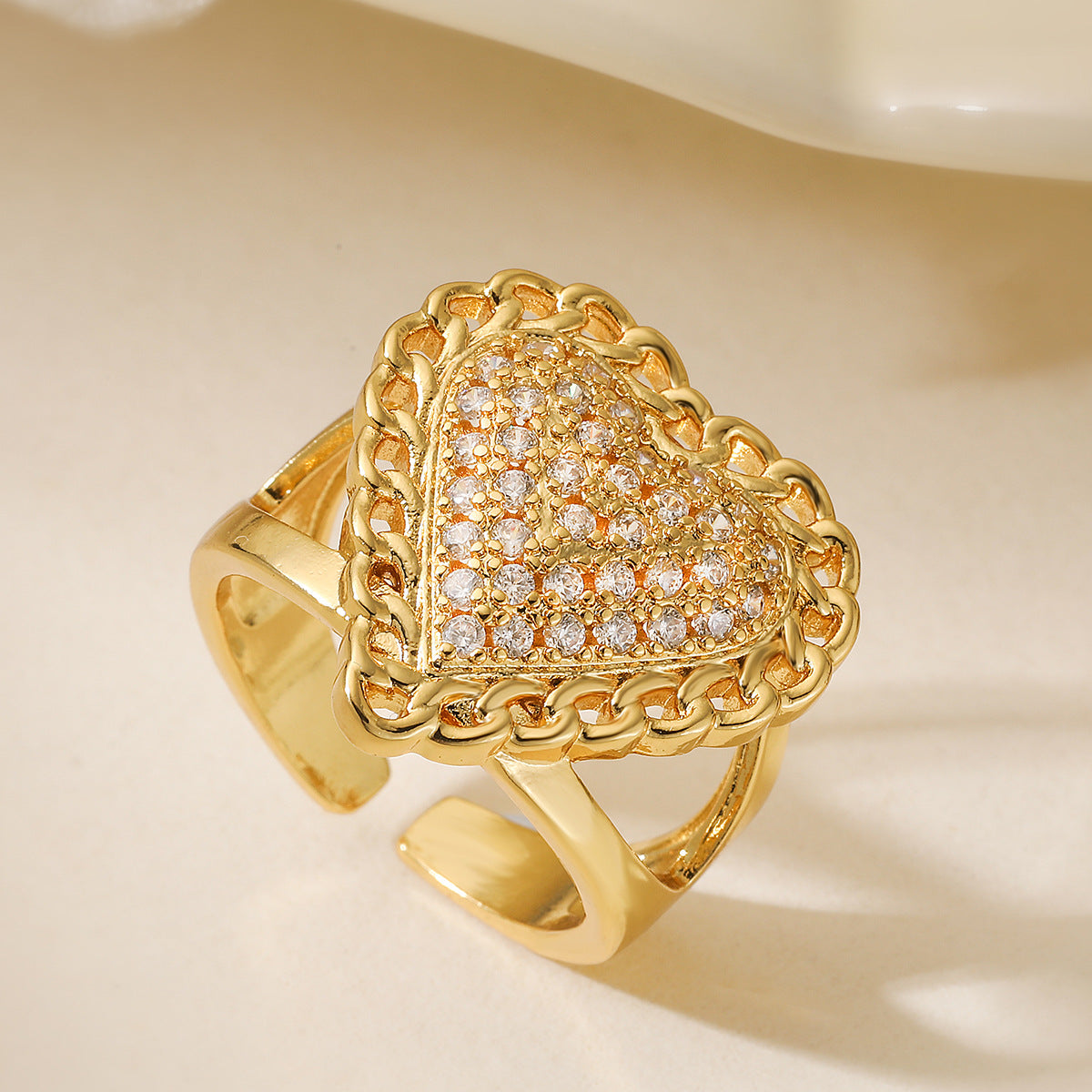 Minimalist 18K Gold Plated Brass Heart Ring with Cubic Zirconia for Women