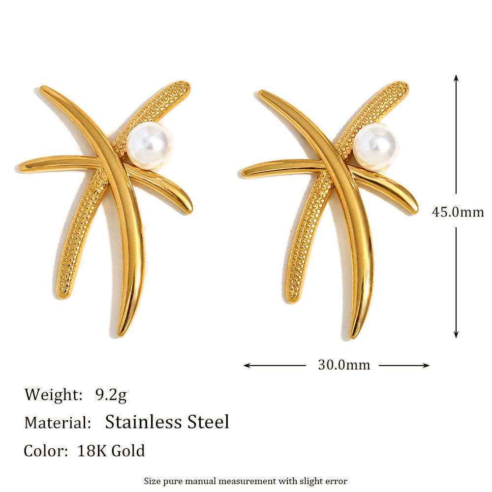 Fashionable Coconut Tree Shaped Pearl Stud Earrings in Stainless Steel with 18K Gold Plating for Women