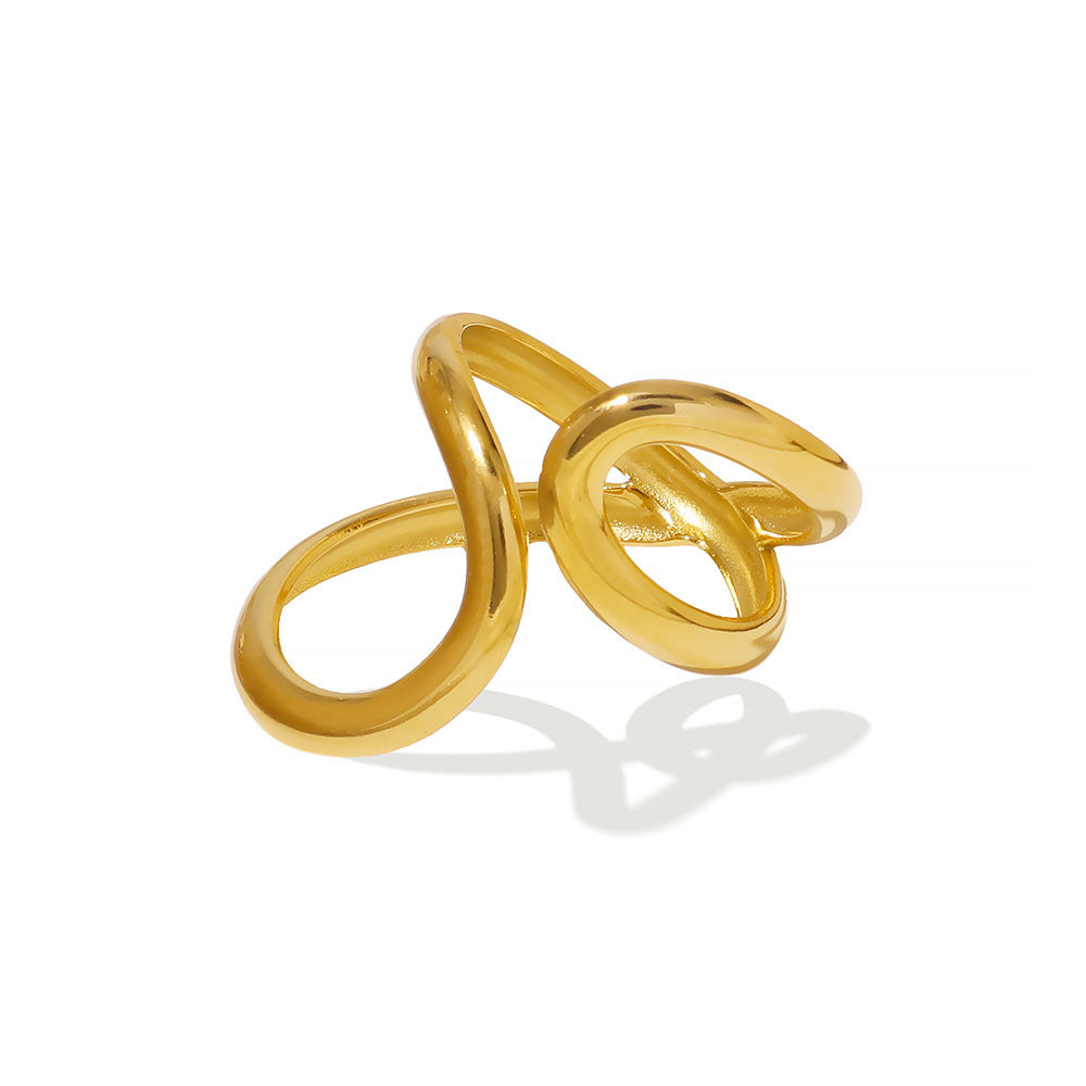 Minimalist Stainless Steel Ring with 18K Gold Plating, Asymmetrical Double Teardrop Shape, Geometric Design Hand Jewelry