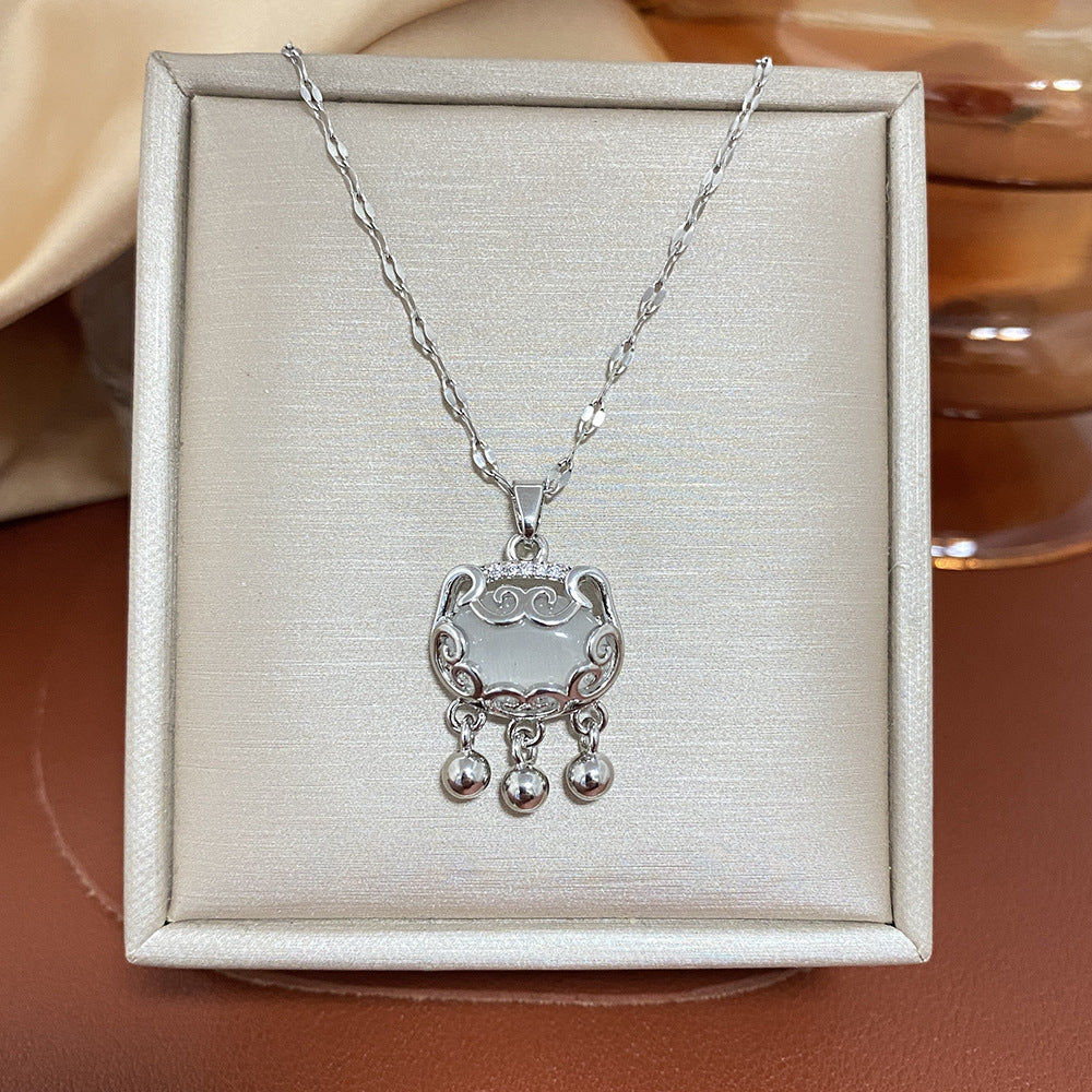 Vintage Geometric Titanium Steel Plated Longevity Lock Pendant Necklace for Women with Cable Chain