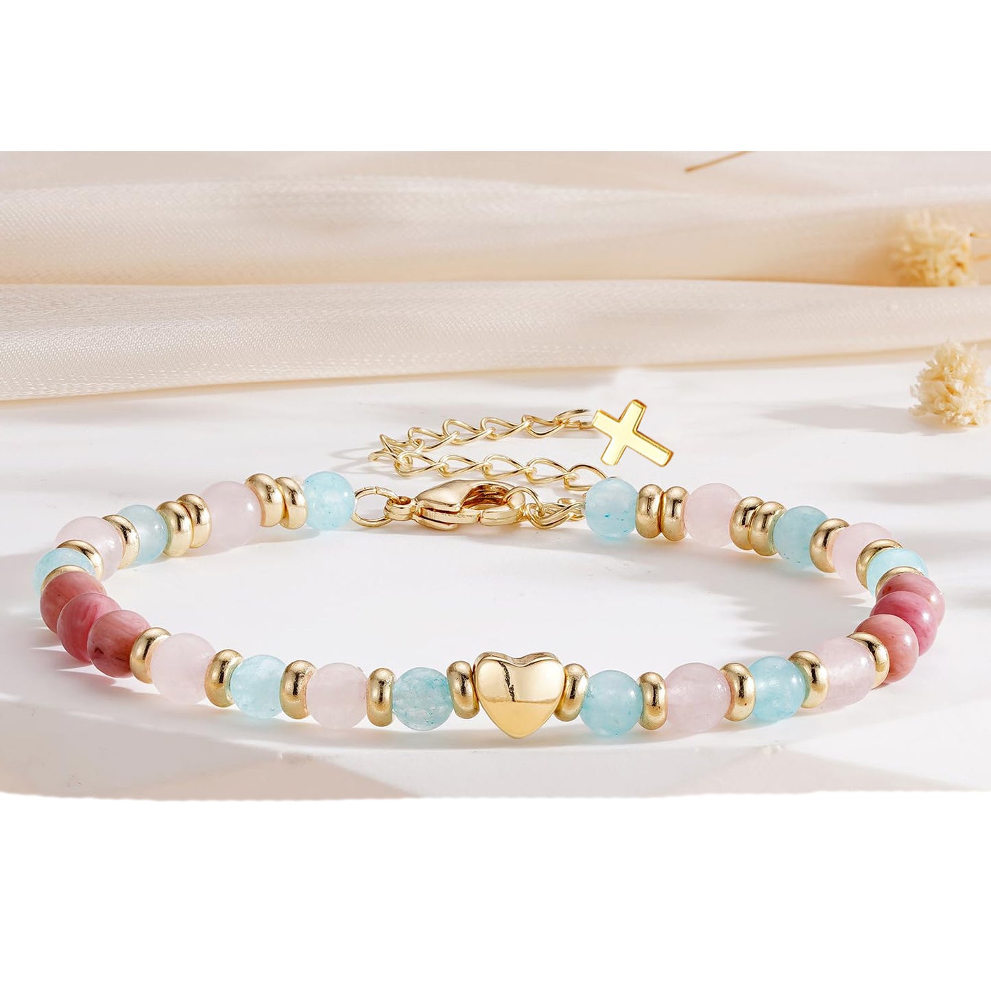 Elegant Heart Geometric Aquamarine Rose Quartz Charm Bar Beaded Bracelet for Women