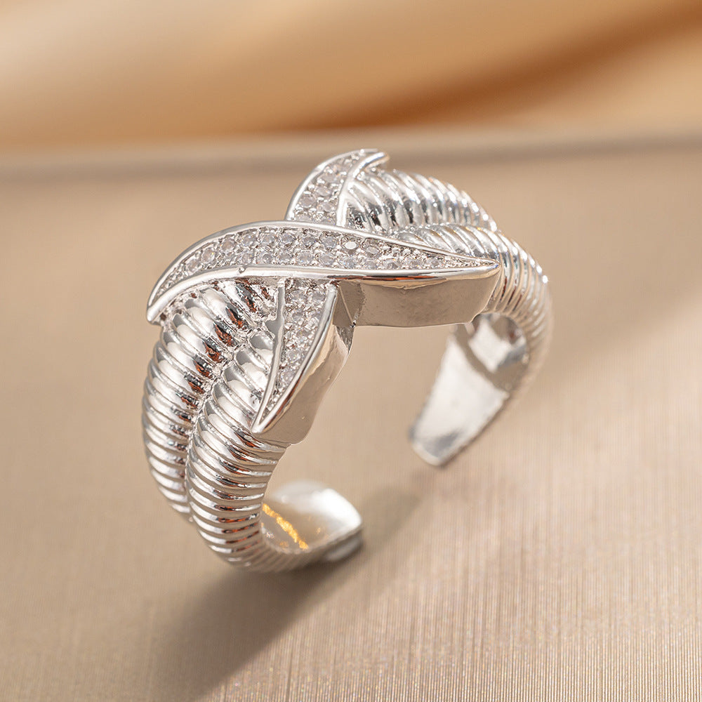Luxury Minimalist Adjustable Open Ring for Women with Gold-Plated Copper Band and Zircon Stone Accent in Heart and Floral Shape