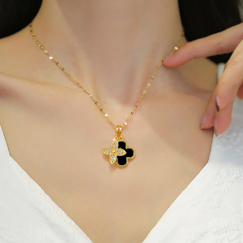 Luxury Double-Layer Floral Necklace for Women with Titanium Steel Chain and Moon Pendant
