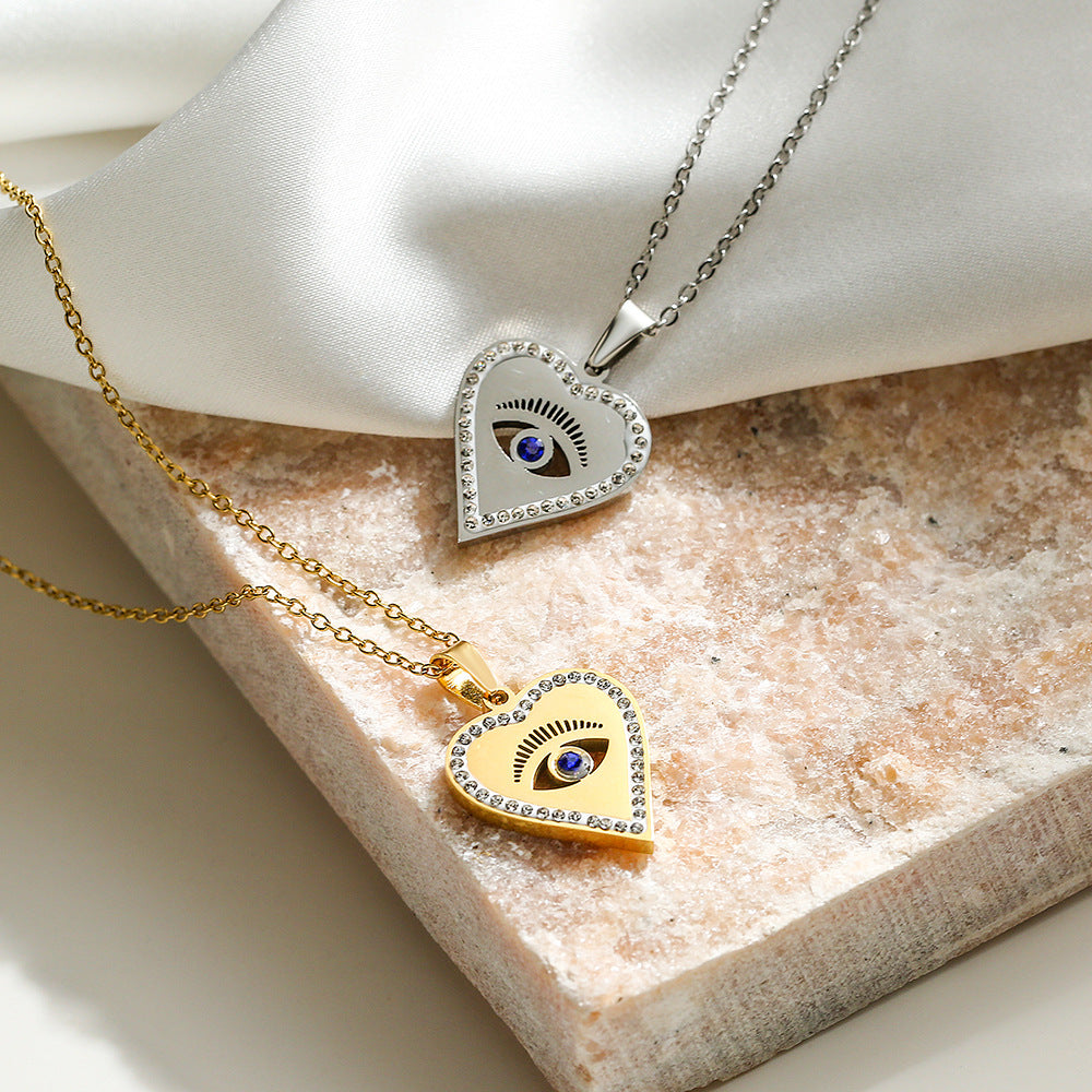 Minimalist Evil Eye Pendant Necklace for Women in Titanium Steel with Geometric Design and Heart Charm