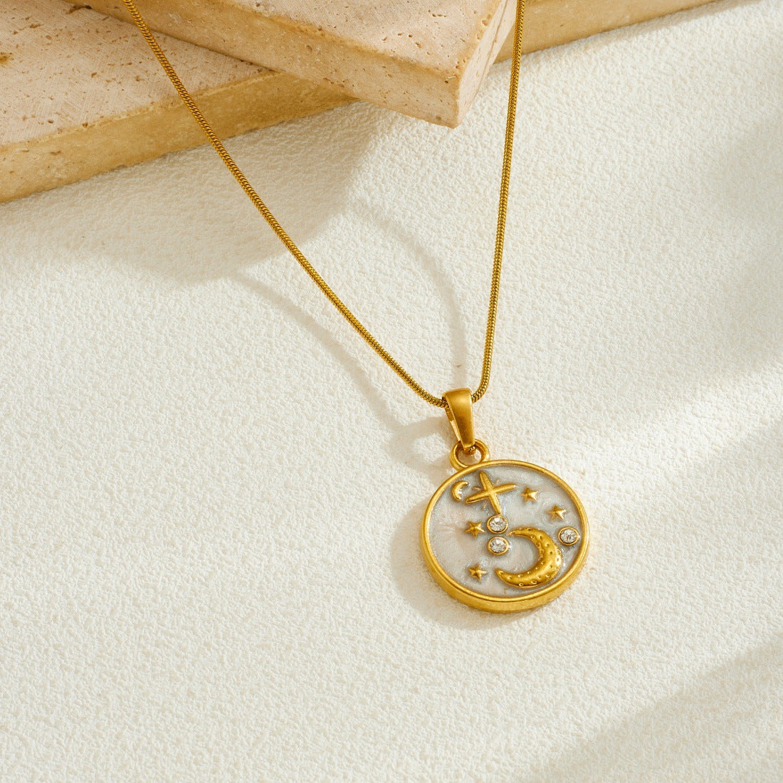 Sweet Round Star and Moon Drip Oil Plated Stainless Steel Pendant Necklace Set for Women