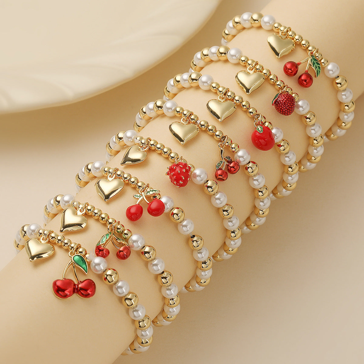 Fashion-Commuter Cherry and Heart-Shaped Pearl Beaded Bracelet for Women with Gold Plating on Copper