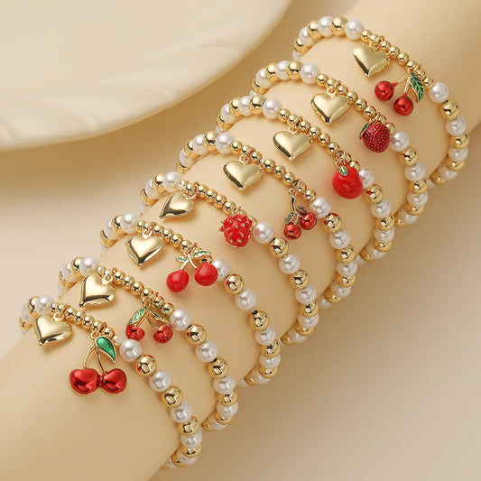 Bracciale da donna Fashion-Commuter con ciliegia e perle a forma di cuore, placcato oro su rame