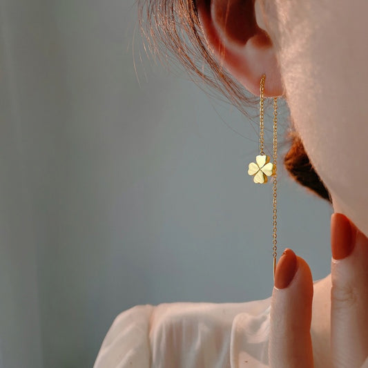 Minimalist Geometric Four-Leaf Clover Titanium Steel Drop Earrings for Women