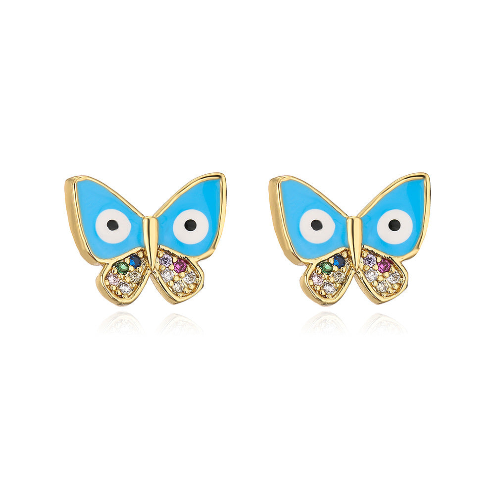 Orecchini a perno con farfalla geometrica alla moda, in rame, micro-pavé di zirconi e smalto, placcati oro 18K per donna