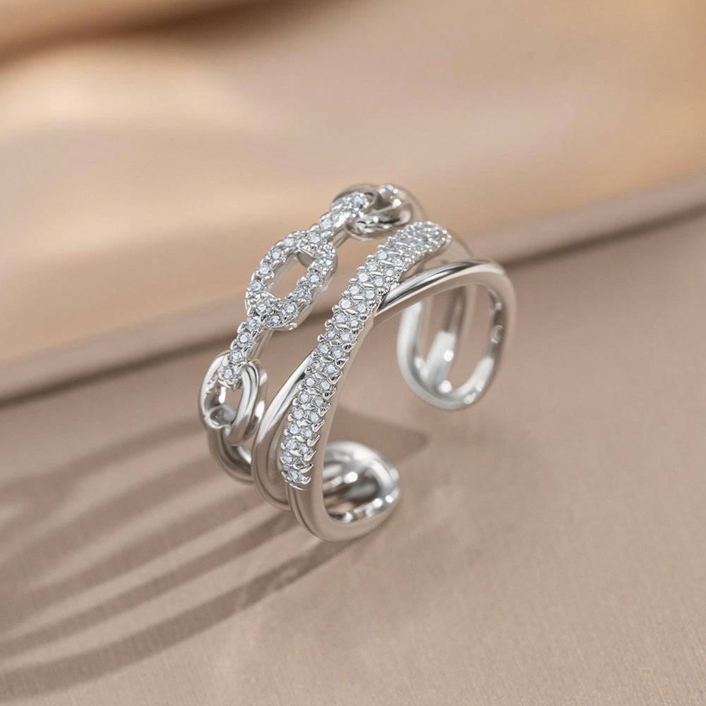 Anillo abierto ajustable chapado en oro de 18 quilates con incrustaciones de circonitas y diseño geométrico de lujo ligero clásico para mujer