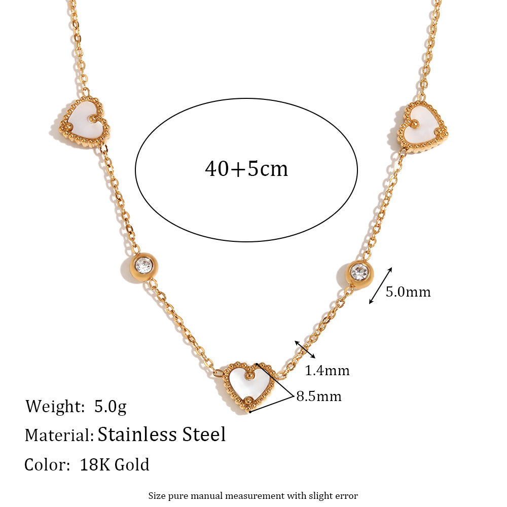 Minimalist Heart-Shaped Stainless Steel Plated 18K Gold Necklace with Three Shell Pendants and Round Rhinestones for Women
