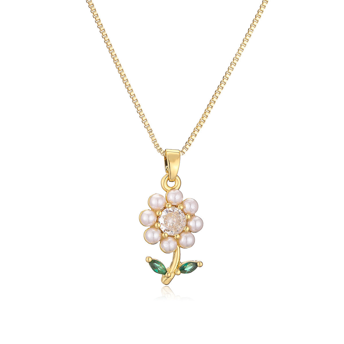 Collana Pendente Floreale Minimalista con Perle e Zirconi in Rame Placcato Oro da Donna